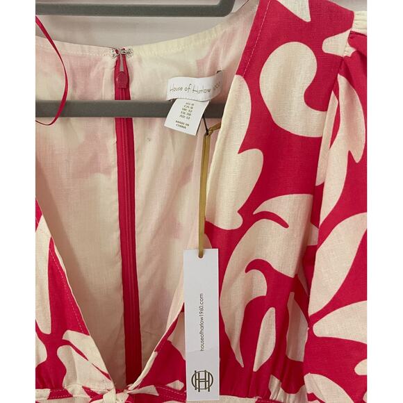 House of Harlow 1960 Plunge V Neck Puff Sleeve Linen Blend Twirl Dress sz 8 NWT - Picture 3 of 7